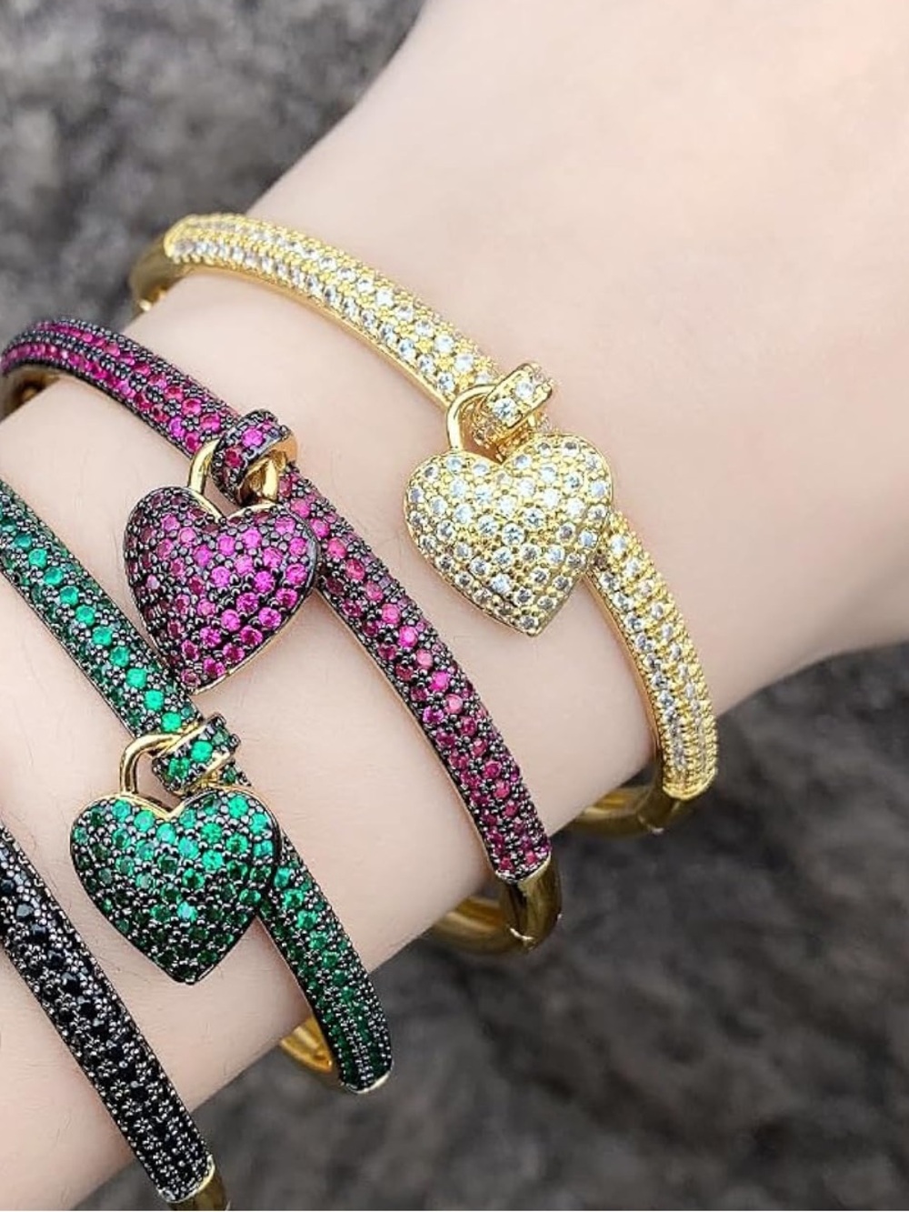 Gold Crystal Heart Charm Bangle Bracelet | Luxury Inspired - Picture 2 of 5